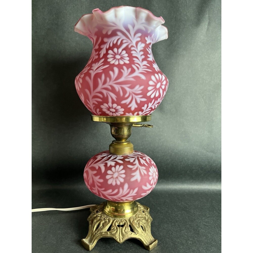 VTG Fenton Cranberry Daisy & Fern Glass GWTW Hurricane Parlor Table Lamp 3-Way